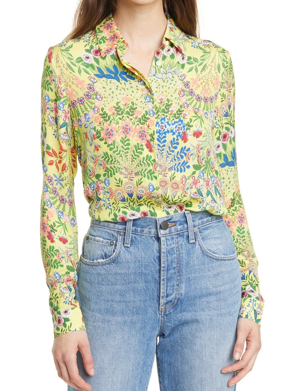 Alice + Olivia Willa Floral Print Button Down Blouse Shirt Wildflower Daffodil